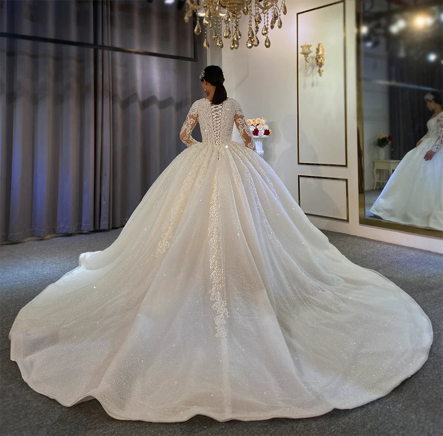 Luxury Long Sleeve Custom Order Custom Made Crystal Beading Shine Sparkle Lace Up Long Train Ball Gown Wedding Dress