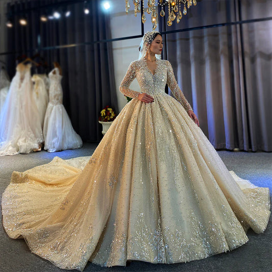 NS4096 Luxury Couture heavily beaded Scalloped Long Sleeve ball gown Wedding Dress