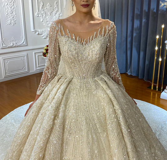 Crystal Beading Long Sleeve illusion Long Train Sparkle Dubai Modest Bespoke Luxury Affordable Ball Gown Wedding Dress