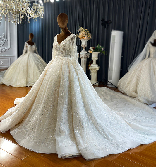 NS4133 Long sleeve v neck luxury ball gown pearl beaded shiny wedding dress