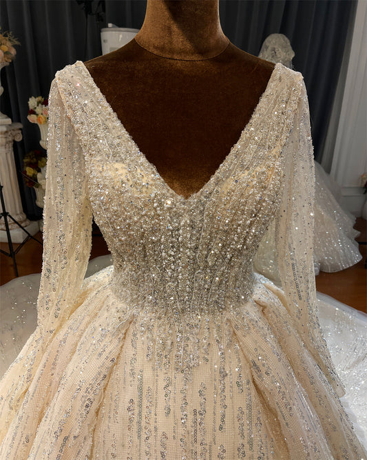 NS4133 Long sleeve v neck luxury ball gown pearl beaded shiny wedding dress