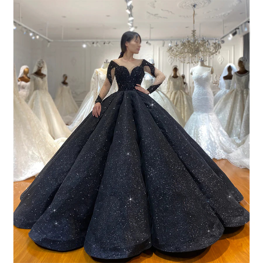 Black Luxury Crystal Beaded Shiny Sparkly Black Ball Gown Wedding Dress Low Back Sweetheart Neckline Applique Wedding Dress