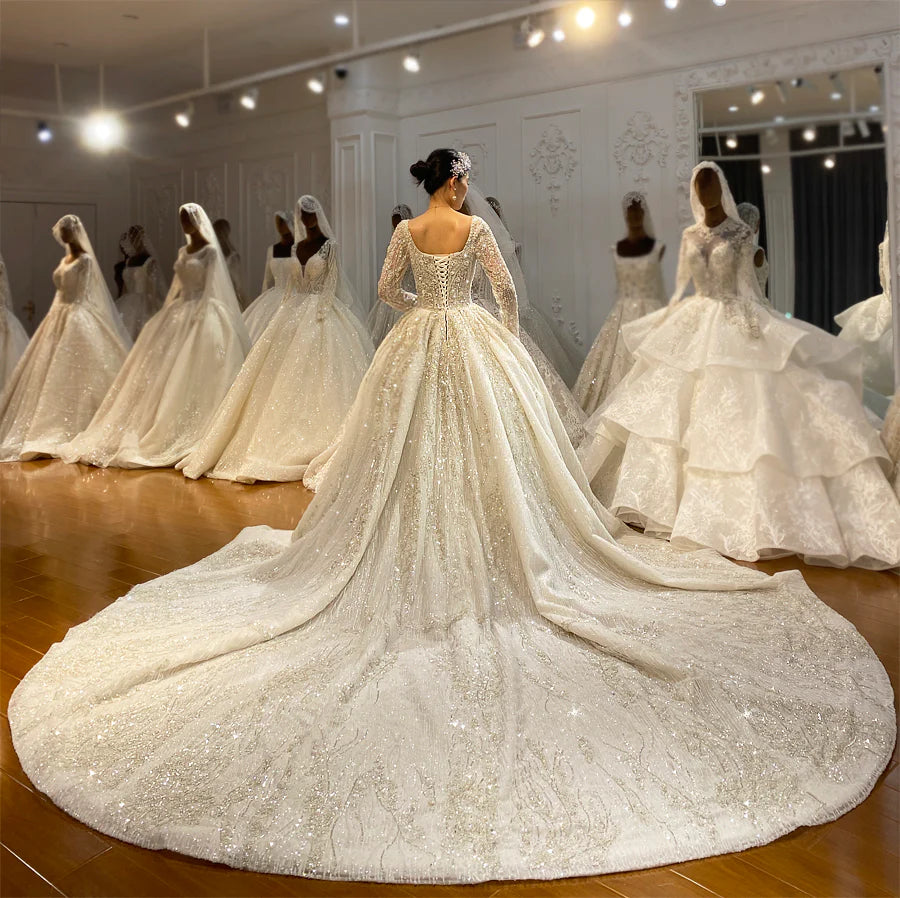 Luxury Long Ball Gown Sweeteart Beads Glitter Wedding Dress with Sleev –  BIZTUNNEL