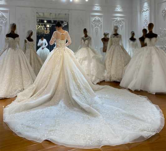 NS4191 Long sleeve shiny ball gown royal train wedding dress aiso bridal