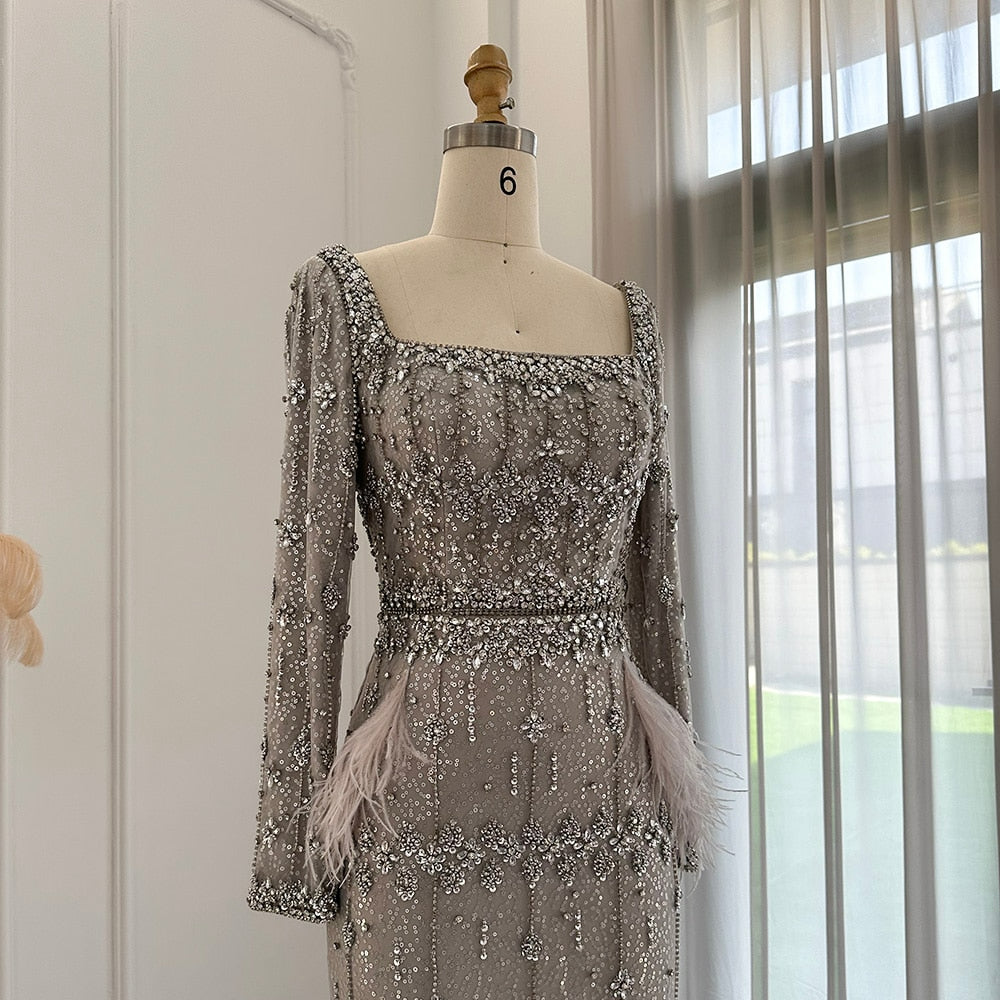 Bling Gray Mermaid Arabic Evening Dress with Cape Luxury Feather Dubai Formal Dresses for Women Wedding Party SS27996