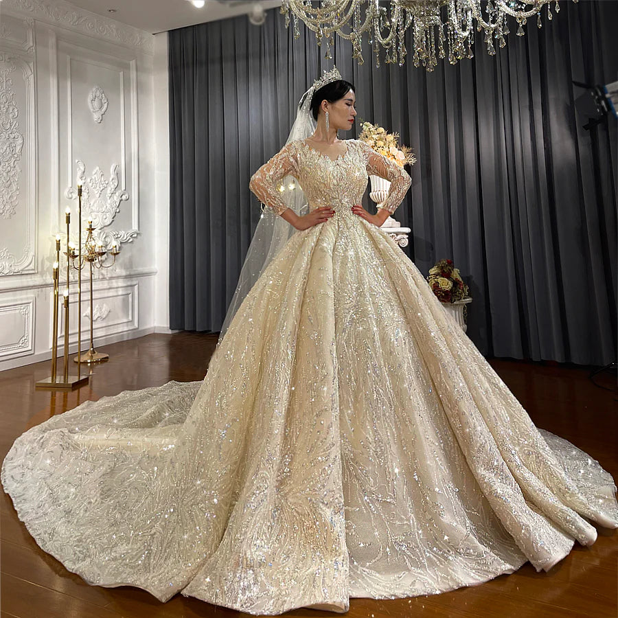 Long Sleeve Crystal Applique Designer Affordable Luxury Ball Gown Wedding Dress Pearls decoration