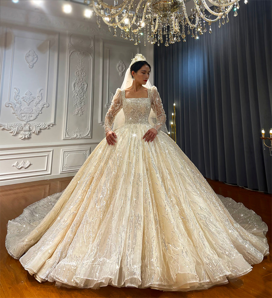 NS4219 Long Sleeve Pearl and Crystal Beaded Shiny Sqaure Neckline Ball Gown Wedding Dress