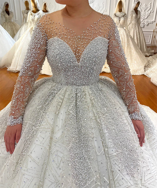 Pearl Beaded Crystal Shiny Glitter Long Sleeve Ball Gown Luxury Haute Couture Royal Train Wedding Dress