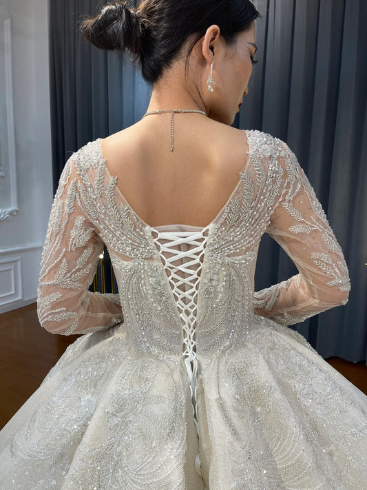 NS4329 V neck Long Sleeve Crystal beaded shiny Royal Cathedral Train luxury wedding dress