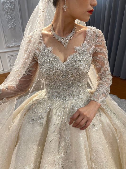 NS4329 V neck Long Sleeve Crystal beaded shiny Royal Cathedral Train luxury wedding dress