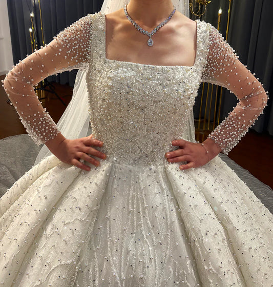 Square Neckline Full Pearl Beaded Royal Train Designer Affordable Luxury Ball Gown Wedding Dress Bespoke plus size wedding dress