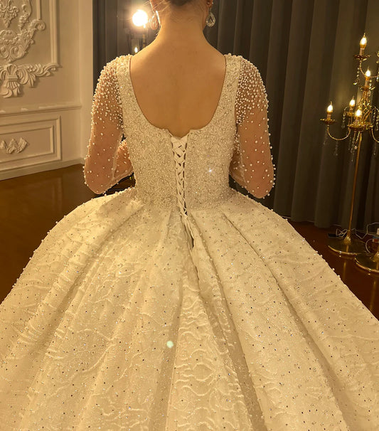 Square Neckline Full Pearl Beaded Royal Train Designer Affordable Luxury Ball Gown Wedding Dress Bespoke plus size wedding dress
