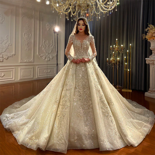 Ball Gown illusion Low V neck Sparkle Crystal Beading Bespoke Haute Couture Affordable Luxury Ball Gown Wedding Dress