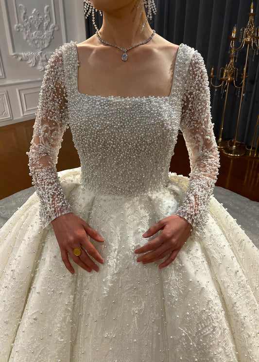Square Long Sleeve Ball Gown Affordable Luxury Custom Made Wedding Dress Royal Cathedral Long Train All Pearl Beaded Wedding Dress Aiso Bridal