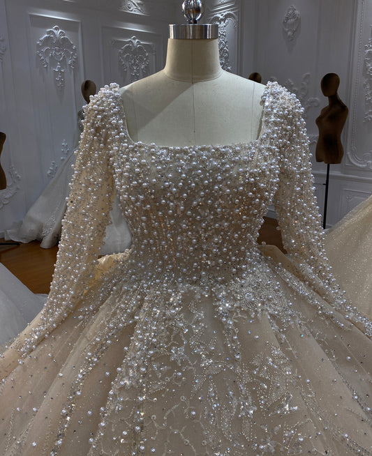 NS4321 Square Neckline Pearl Beading luxury ball gown princess Wedding Dress