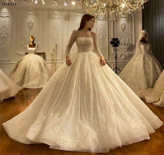 Long Sleeve Square Neckline Pearl Beaded Long Train Crystal Applique Ball Gown Wedding Dress