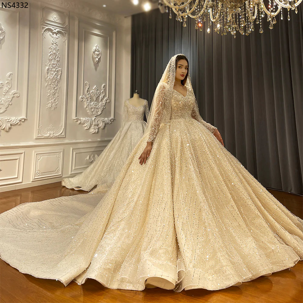 NS4334 V neck Sparkle Glitter Custom Made Pearls all over Dubai  Ball Gown Wedding Dress Luxury Appliques plus size wedding dress