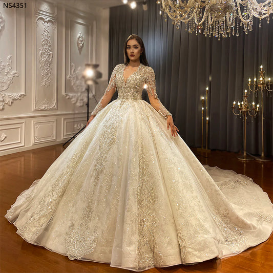 Affordable Luxury Custom Made Ball Gown Wedding Dress Hand Beaded illusion Low back Wedding dress