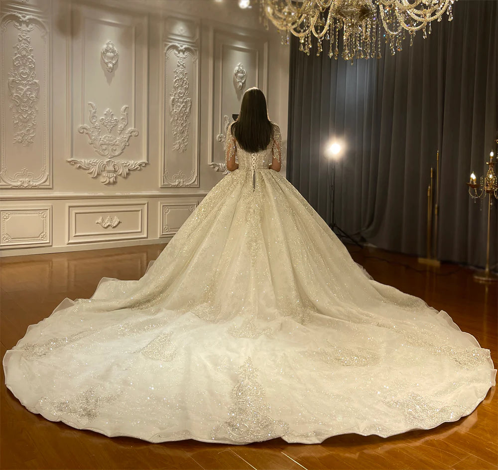 Affordable Luxury Custom Made Ball Gown Wedding Dress Hand Beaded illusion Low back Wedding dress