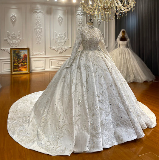 NS4356 Long Sleeve Designer Modest Glitter Crystal Beading Pearl Ball Gown Wedding Dress