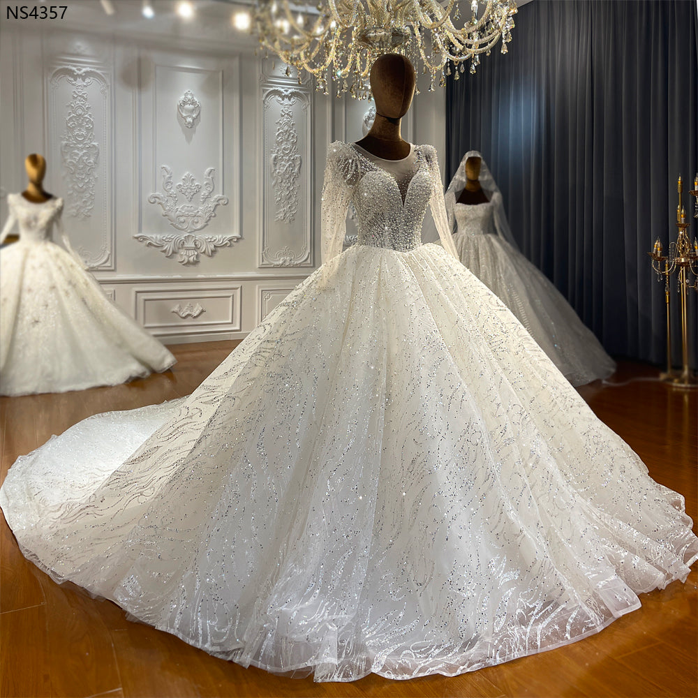 NS4357 Luxury Lace Up Full sleeve pearl beaded ball gown Wedding Dress