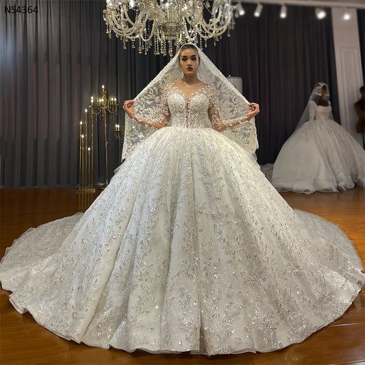 Long Train Crystal Handcrafted Beaded Ball Gown Wedding Dress Custom Size Custom Made Luxury Affordable Wedding Dress