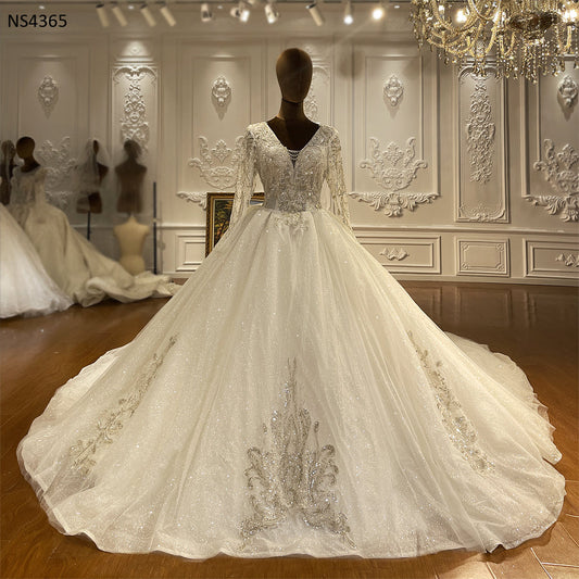 NS4365 V-neck And Emboridery Long Train Wedding Dress