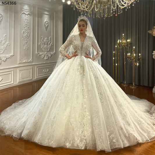 Long V Neck Crystal Applique Glitter Wedding Dress for Luxury Brides Bespoke Custom Made Ball Gown Wedding Dress