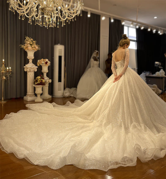 Long Sleeve Modest Ball Gown Wedding Dress Custom Made Luxury Bespoke plus size wedding dress