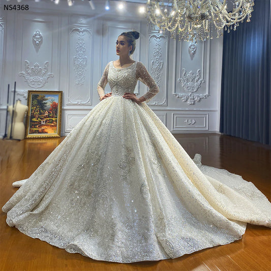 Crystal Appliques Pearl Glitter Sparkle Wedding Dress Ball Gown Long Sleeve Princess Long Train Muslim Modest shiny Custom Made Wedding Dress