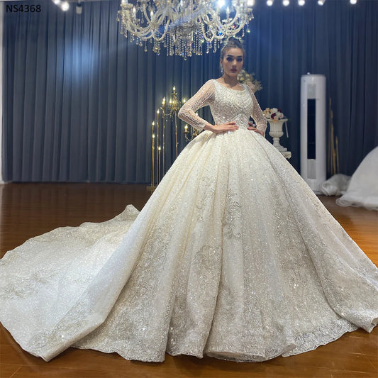 Crystal Appliques Pearl Glitter Sparkle Wedding Dress Ball Gown Long Sleeve Princess Long Train Muslim Modest shiny Custom Made Wedding Dress