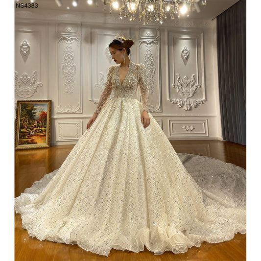 Backless Keyhole Long Sleeve Glitter Sparkle Wedding Dress V neck Long Train Crystal Hand Beaded Custom Made Wedding Dress for brides