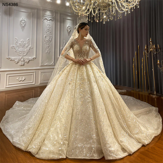 NS4386 V neck ball gown pearl and crystal beaded luxury wedding dress with royal train