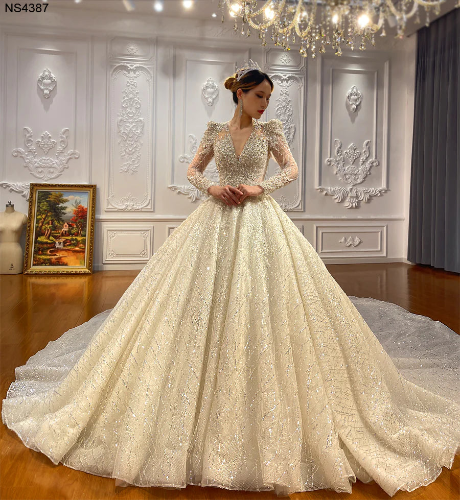 Long Sleeves Gold Beaded Sparkle Ball Gown Wedding Dress With Glitter Tulle  Various Styles 