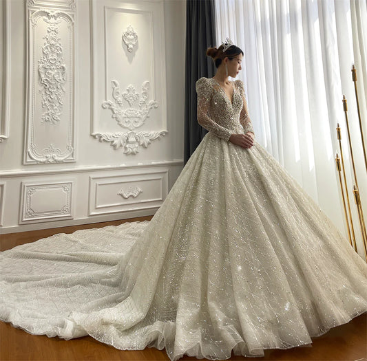Heavy Beading V-Neck Long Train Wedding Dress Long Sleeve Luxury Designer Wedding Dress