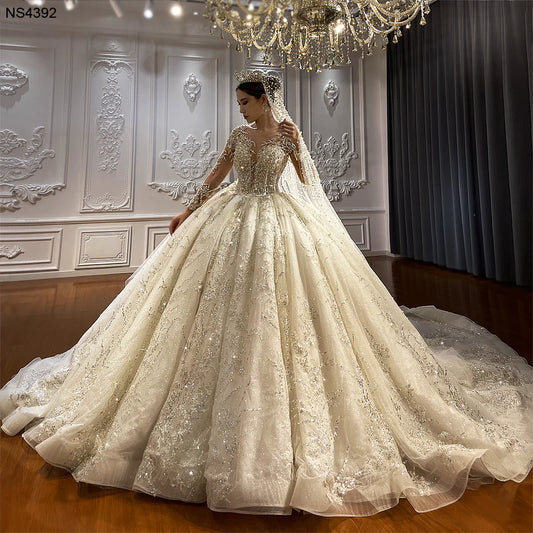 Haute Couture Custom Made Bespoke Wedding Dress Long Sleeve Ball Gown Glitter Sparkle Long Train Luxury Wedding Dress vestido de novia