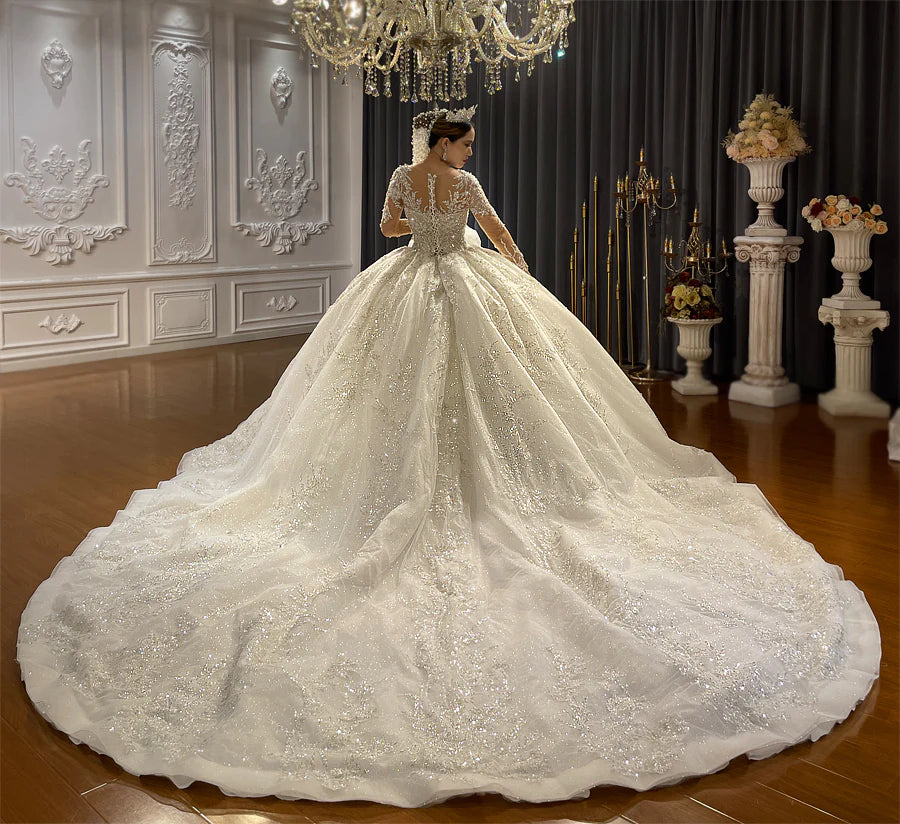 Haute Couture Custom Made Bespoke Wedding Dress Long Sleeve Ball Gown Glitter Sparkle Long Train Luxury Wedding Dress vestido de novia