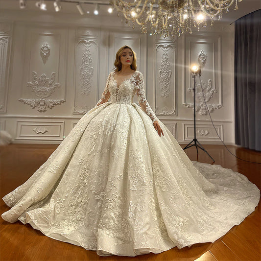 Puffy Princess Wedding Dress Ball Gown Modest Long Sleeve Lace Applique illusion Wedding Dress Custom Bespoke Wedding Dress