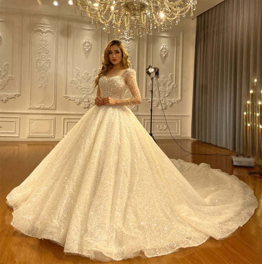 A Line Long Sleeve Glitter Sparkle Sweetheart Long Train Princess Wedding Dress Vestido De Novia