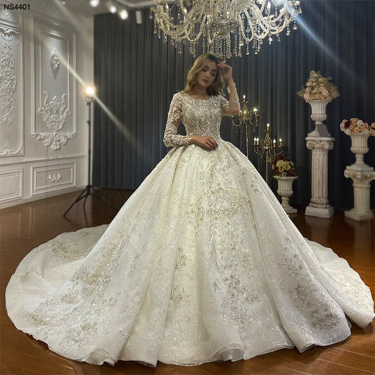 Muslim Modest Ball Gown Crystal Pearl Long Sleeve Long Train Glitter Sparkle Wedding Dress