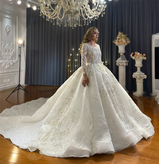 Muslim Modest Ball Gown Crystal Pearl Long Sleeve Long Train Glitter Sparkle Wedding Dress