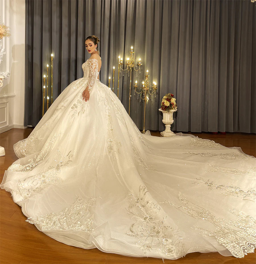 Luxury Off The Shoulder Glitter Sparkle Dubai Ball Gown Wedding Dress Low Back vestido De Novia Plus Size Wedding Dress