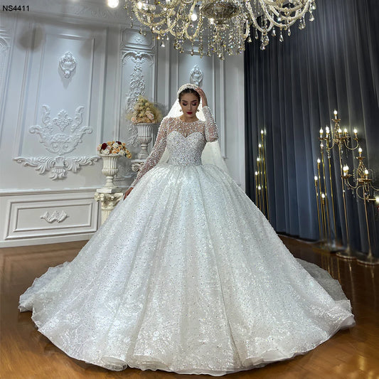 Princess Pearl Beaded Glitter Sparkle Ball Gown Long Sleeve Custom Made Custom Size Wedding Dress Vestido de novia robe de marie plus size wedding dress