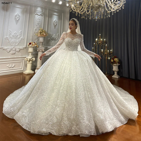 Princess Pearl Beaded Glitter Sparkle Ball Gown Long Sleeve Custom Made Custom Size Wedding Dress Vestido de novia robe de marie plus size wedding dress
