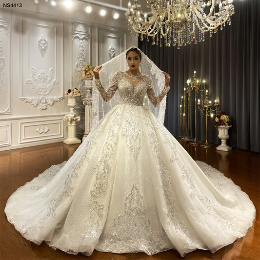 HTL2231 Royal Glitter Sparkle Full Crystal Pearl Appliques Wedding Dress