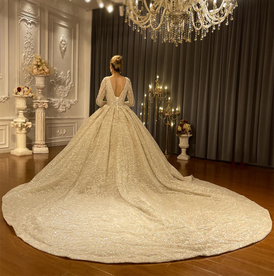 Crystal Beaded Glitter Sparkle Ball Gown Wedding Dress Long Sleeve V neck Vestido De Novia robe de marie plus size custom made wedding dress