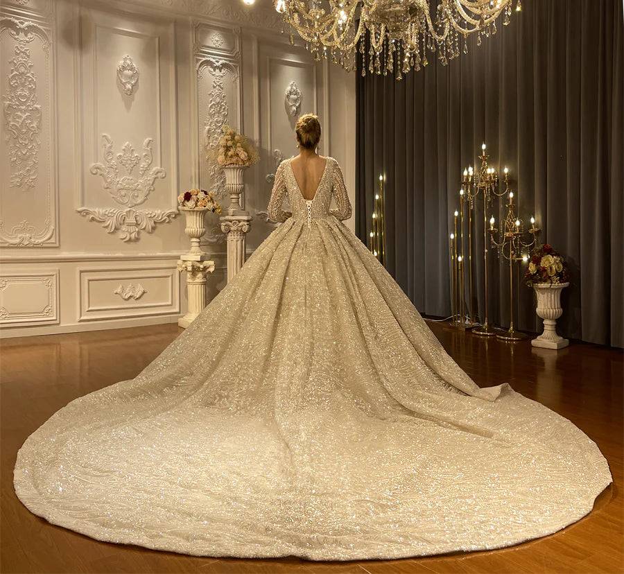 Crystal Beaded Glitter Sparkle Ball Gown Wedding Dress Long Sleeve V neck Vestido De Novia robe de marie plus size custom made wedding dress