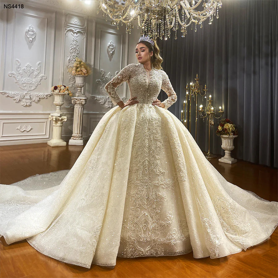 High Neck Muslim Long Sleeve Pearls Handcrafted Beaded Dubai Style Ball Gown Wedding Dress Affordable Luxury Wedding Dress Plus Size Wedding Dress