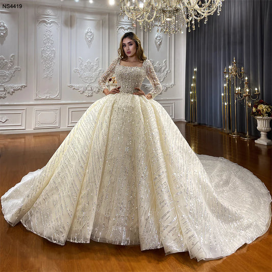 NS4419 Sqaure Neckline Glitter Sparkle Ball Gown Luxury Wedding Dress Pearls