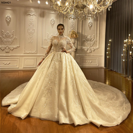 High Collar High Quality Affordable luxury Long Sleeves Sexy Sweetheart Neckline Ball Gown  Pearl Beaded Wedding Dress